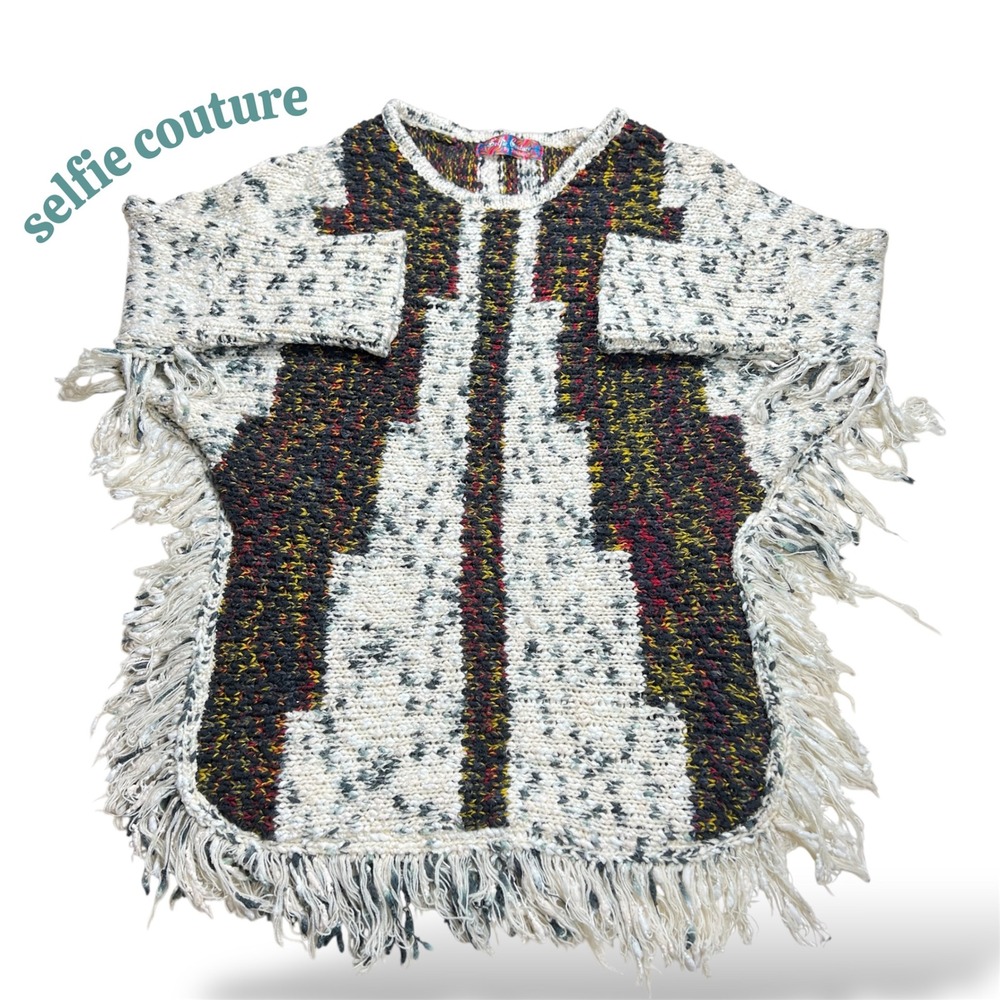 Selfie Couture Trendology Knit Fringe Poncho Sweater XS/S Bohemian Multicolor